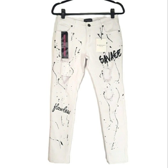 THE STYLE BETWEEN US Black Graffiti Splatter Paint Distressed White Jeans 7/8 - Picture 1 of 9